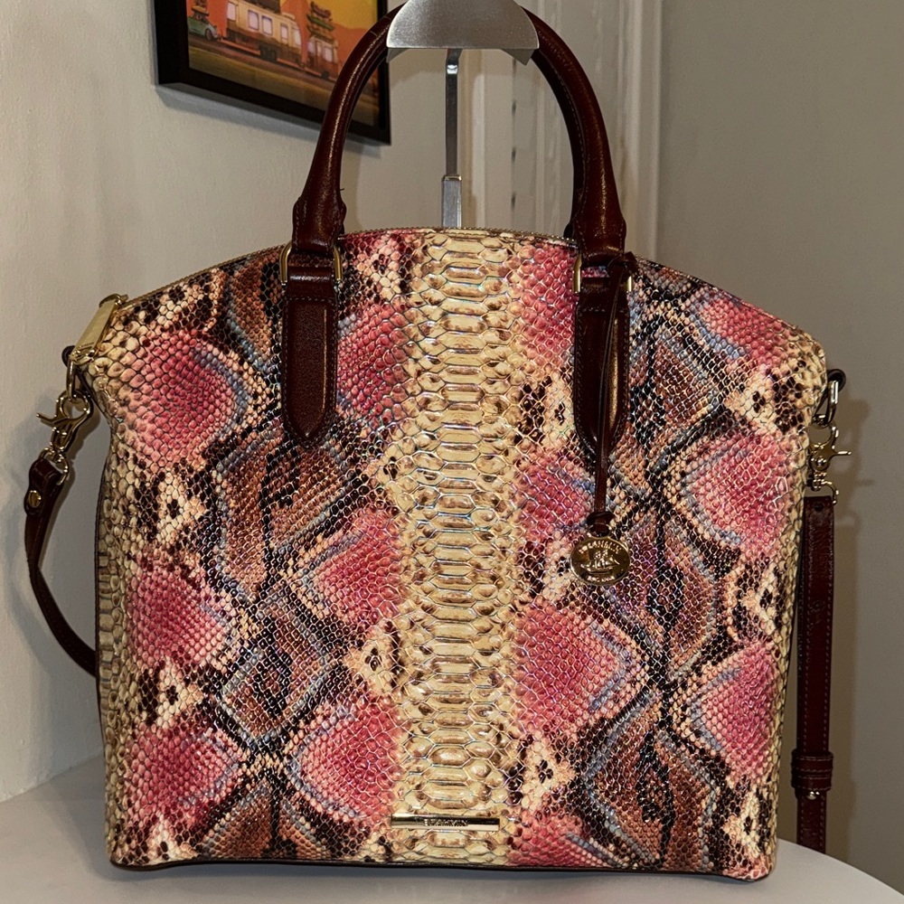 Brahmin Pink Brown Snakeskin-Print Satchel